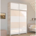 Kép 1/3 - BOND 120 cm magasfényű gardrób - Sonoma Tölgy / Magasfényű Fehér üveg / Magasfényű Beige üveg, MAGASÍTÓVAL