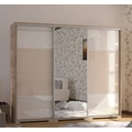 Kép 1/3 - BOND 239 cm magasfényű gardrób 1 TÜKÖRREL - Sonoma Tölgy / Magasfényű Fehér üveg / Magasfényű Beige üveg