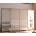 Kép 1/3 - BOND 318 cm magasfényű gardrób 2 TÜKÖRREL - Sonoma Tölgy / Magasfényű Beige üveg / Magasfényű Fehér üveg