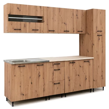 ANIKÓ 240 cm konyhabútor 2M.Mosogató / Artisan + Carrara Bézs márvány munkalap / Fekete fogó