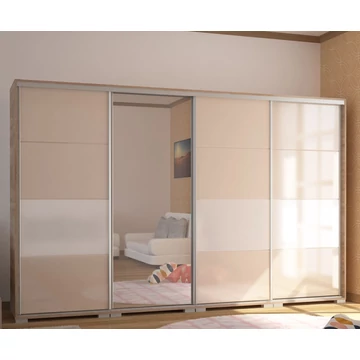 BOND 318 cm magasfényű gardrób 1 TÜKÖRREL - Sonoma Tölgy / Magasfényű Beige üveg / Magasfényű Fehér üveg