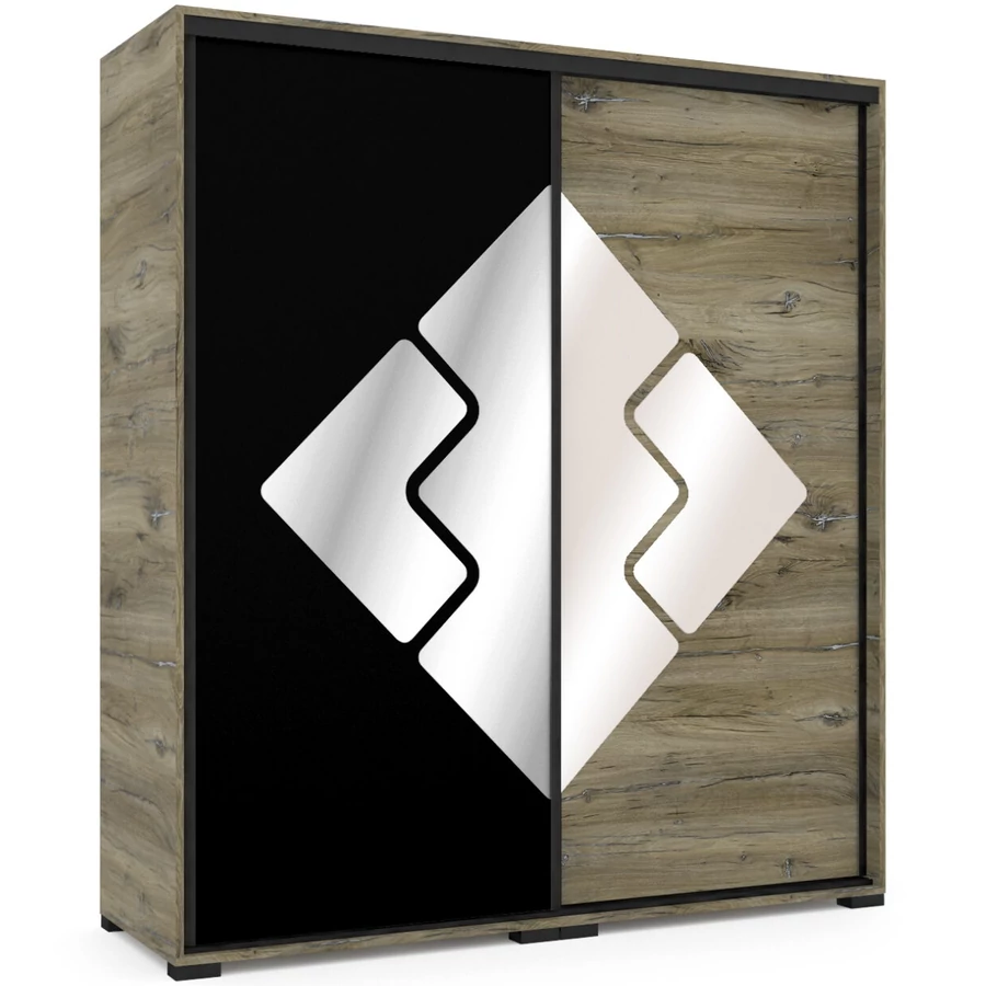 DOVER 180 cm tolóajtós gardrób - Sötét Justus Tölgy-Matt Fekete / Tükör-MF.Latte / Fekete profil