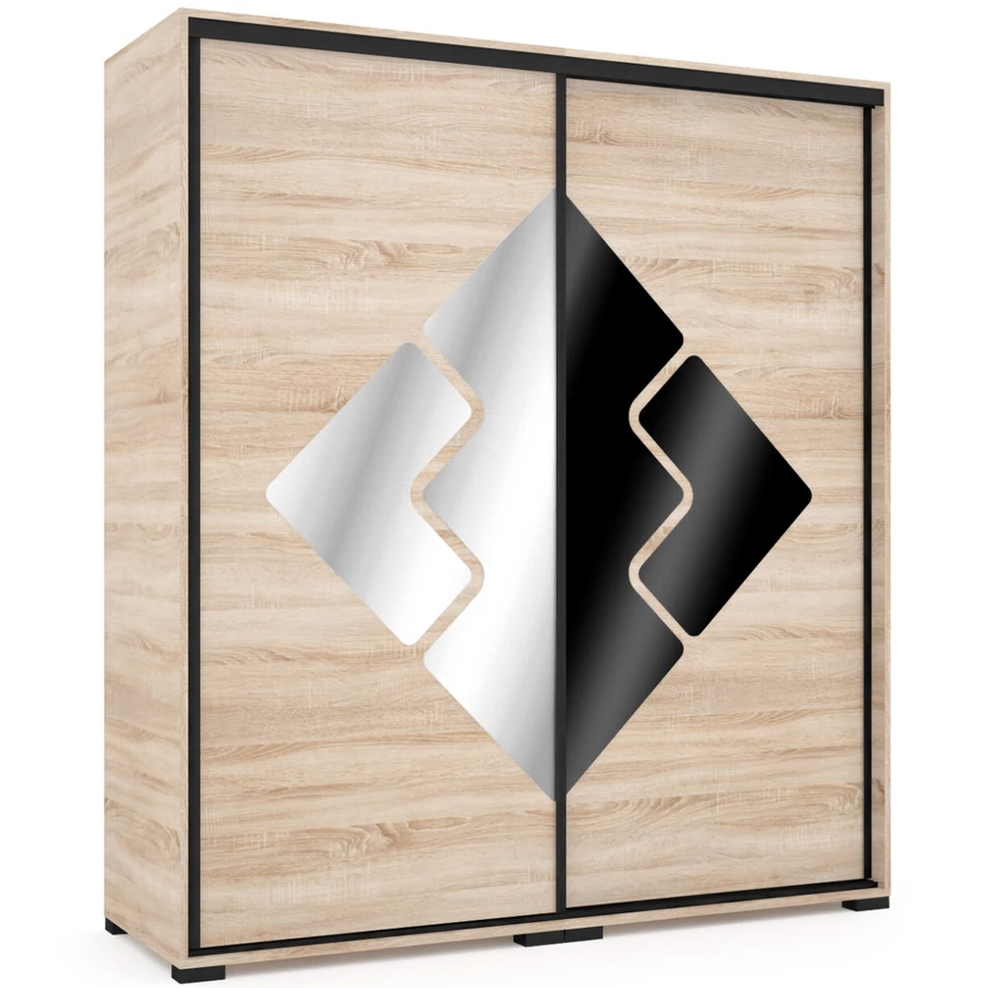 DOVER 180 cm tolóajtós gardrób - Sonoma Tölgy / Tükör-MF.Fekete / Fekete profil