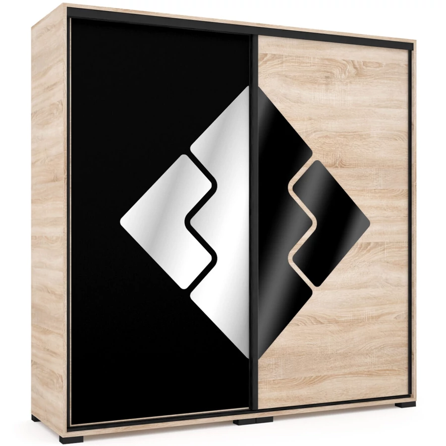 DOVER 200 cm tolóajtós gardrób - Sonoma-Matt Fekete / Tükör-MF.Fekete / Fekete profil