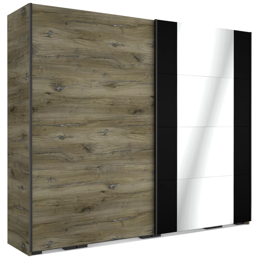 MALIBU 254 cm tolóajtós gardrób 1 TÜKÖRREL - Sötét Justus Tölgy / Matt Fekete / Fekete profil 