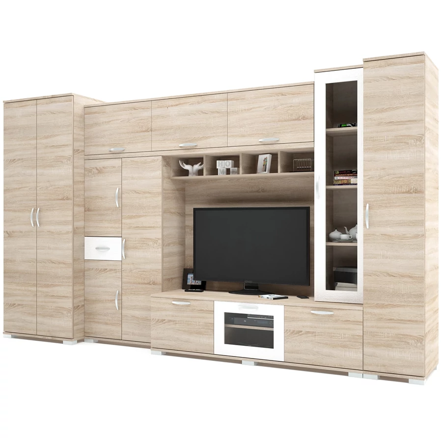 ANDORRA nappali szekrénysor 370 cm - Sonoma Tölgy / Rusztik Fehér (Erezett Fehér)