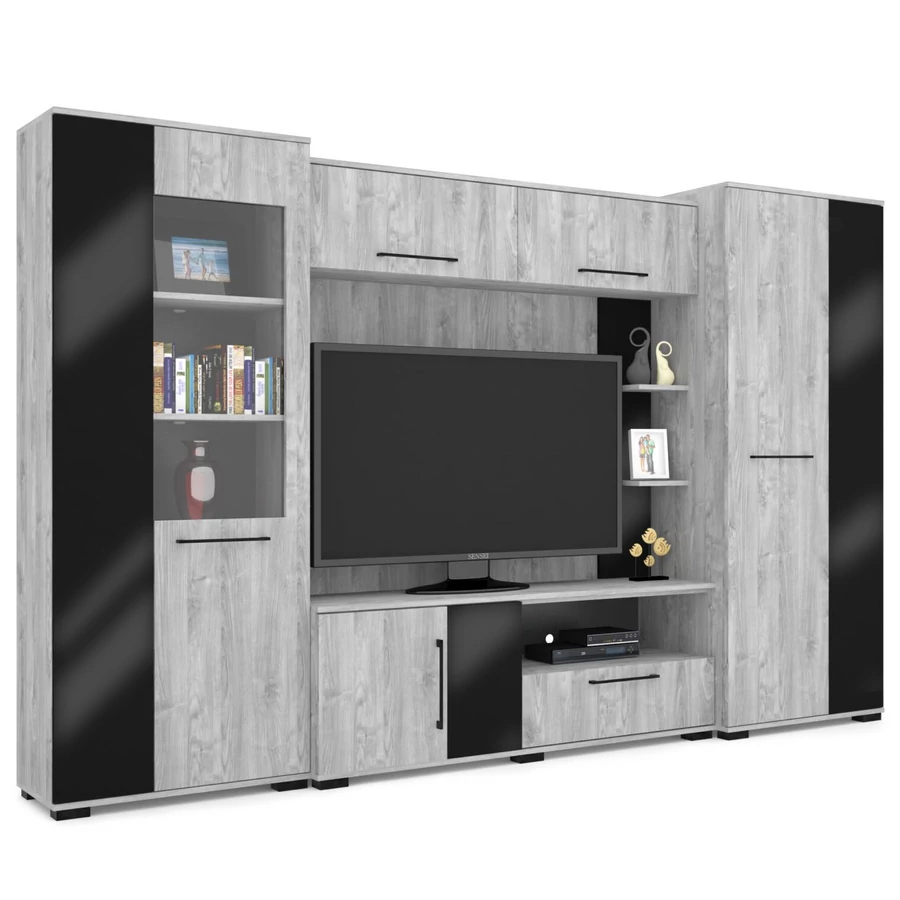 MERLIN nappali szekrénysor 320 cm - Frizo Szürke / Magasfényű Fekete (M1)