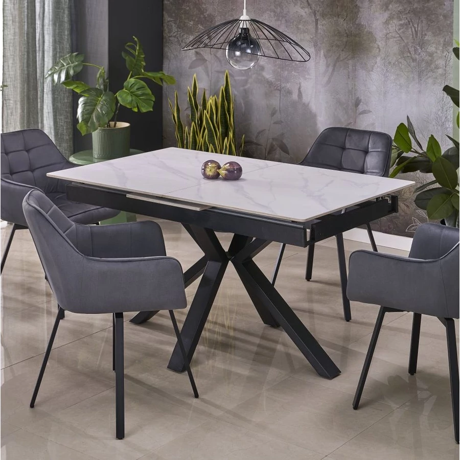 PLATAN asztal 140(+40)cm - Fehér márvány / Fekete