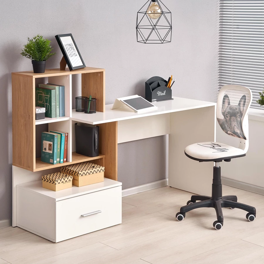 GROSSO íróasztal polcokkal - Arany Tölgy / Fehér