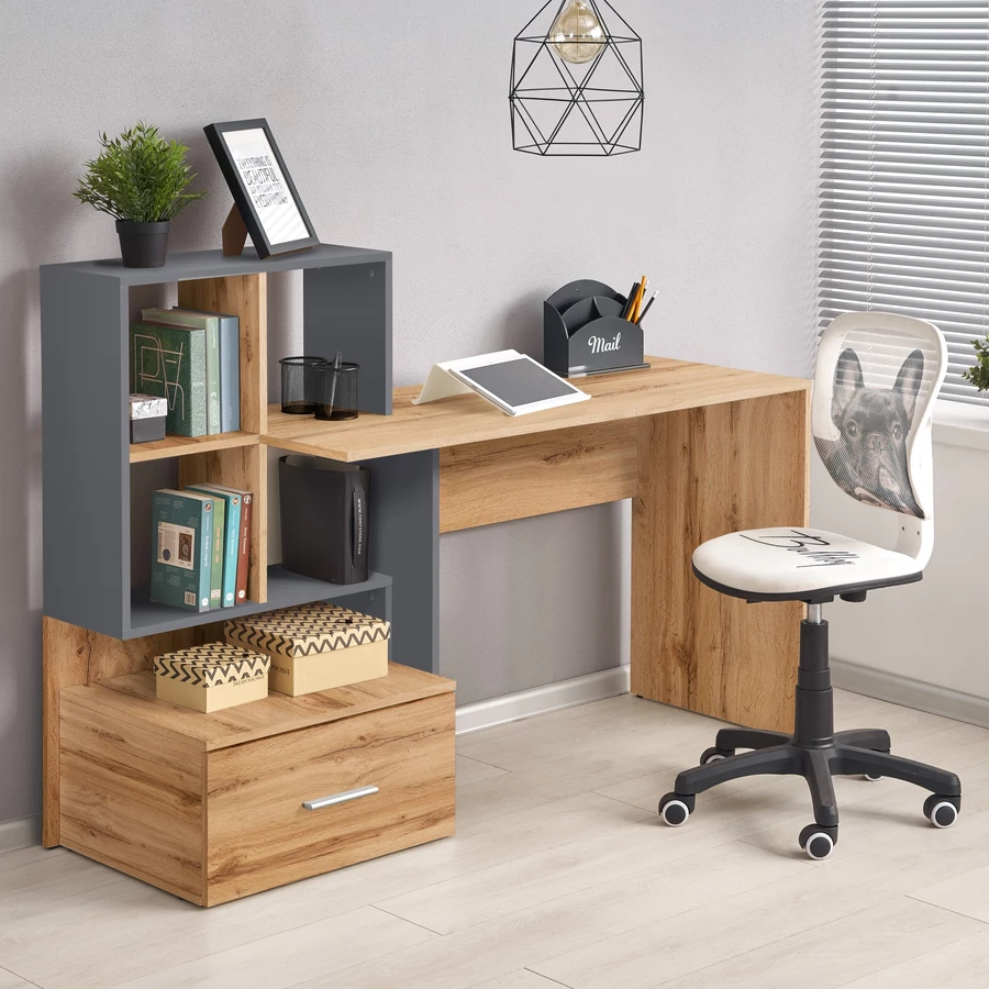 GROSSO íróasztal polcokkal - Antracit / Wotan Tölgy