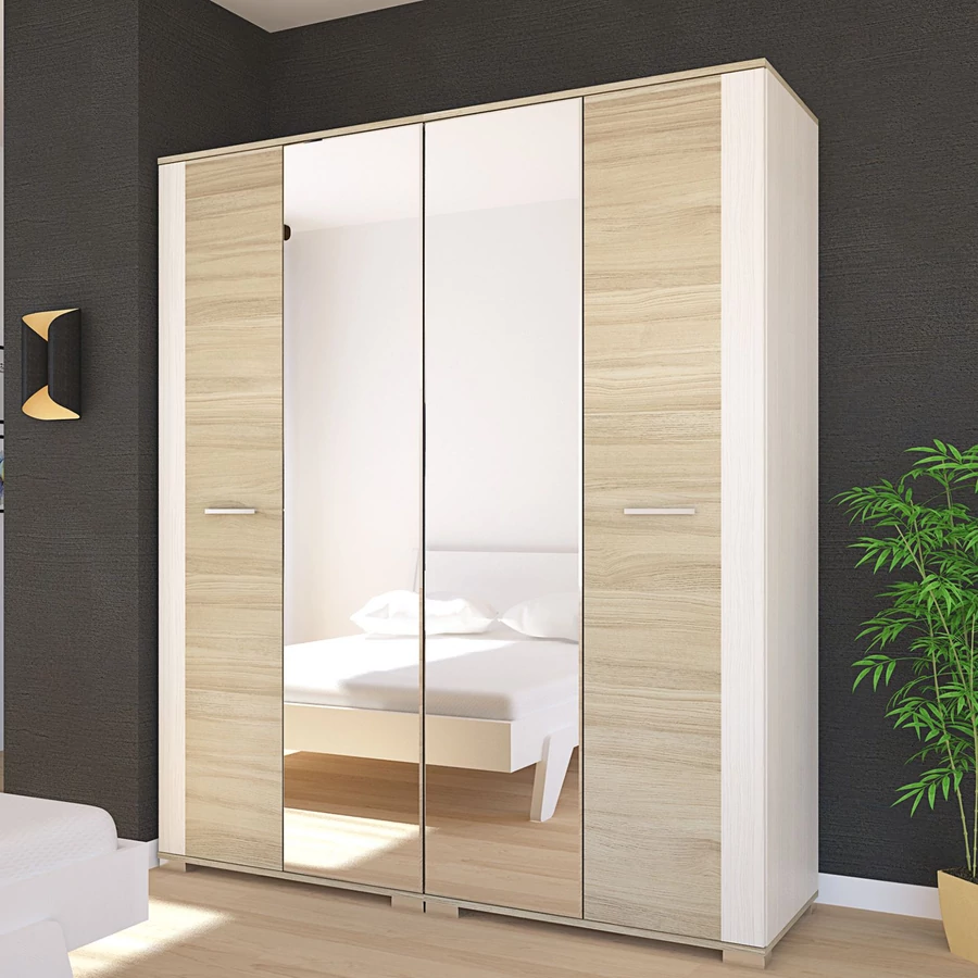 MADRID 180 cm nyílóajtós tükrös gardrób - Bianco / Natúr Tölgy