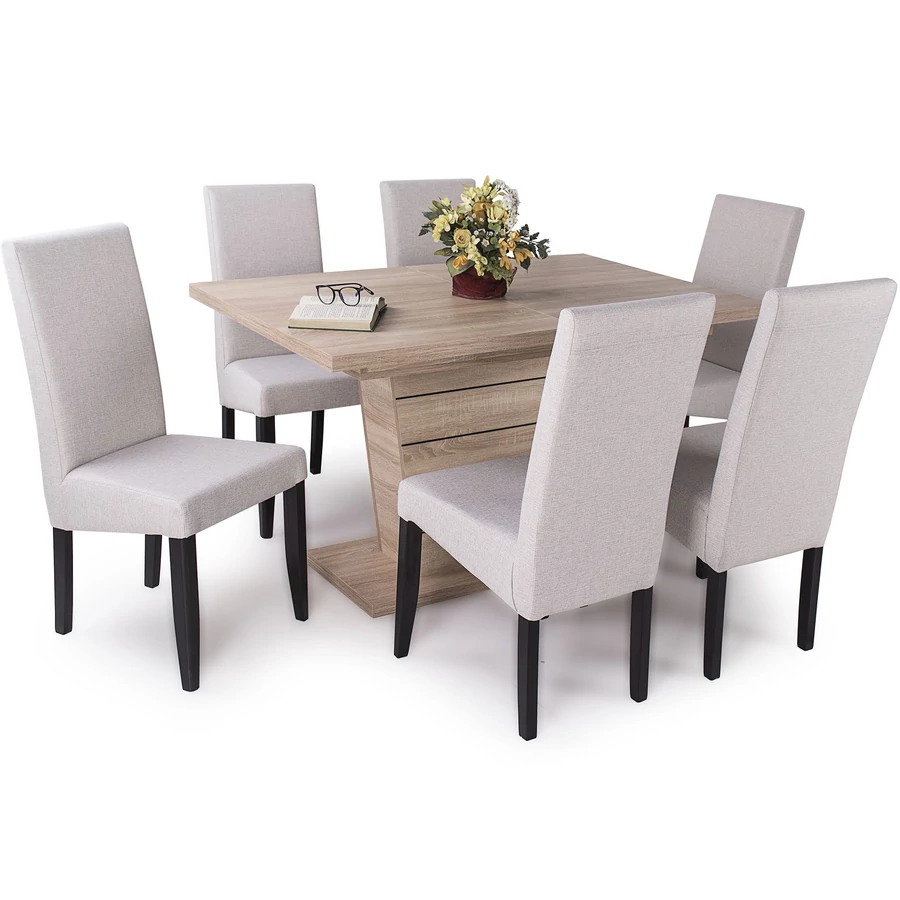 FANNI étkezőgarnitúra 6+1 - Sonoma Tölgy / Beige (FANNI 135 asztal + BERTA-LUX szék)