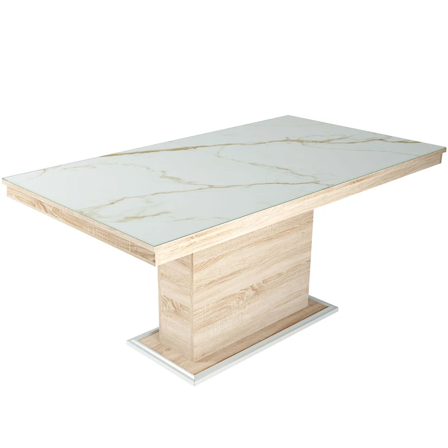 FLÓRA PLUSZ asztal 160(+40)cm - Sonoma Tölgy / Magasfényű Beige márvány minta