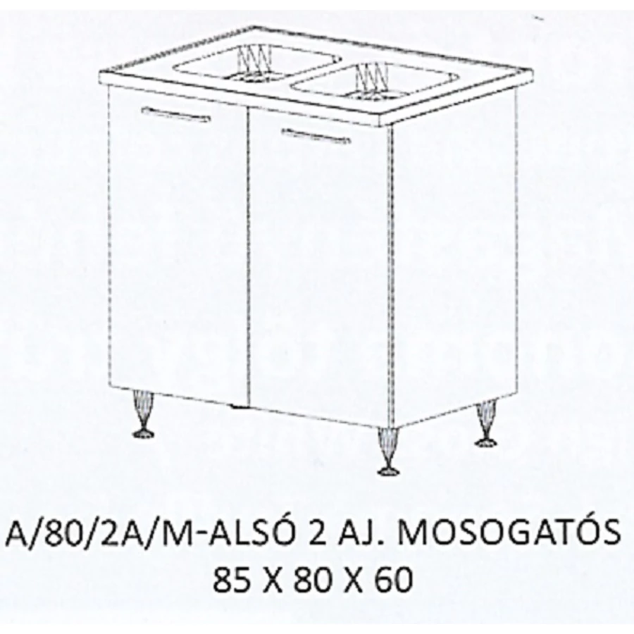 DORINA A/80/2A/M-ALSÓ 2 ajtós munkalapos mosogatós elem-2 medencés Ttálas mosogatóval
