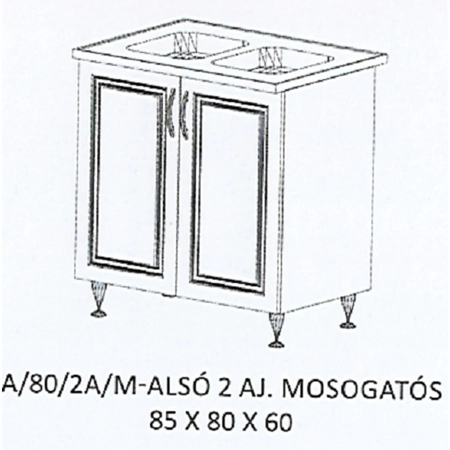 ORSI A/80/2A/M-ALSÓ 2 ajtós mosogatós munkalapos elem-2 medencés Ttálas mosogatóval