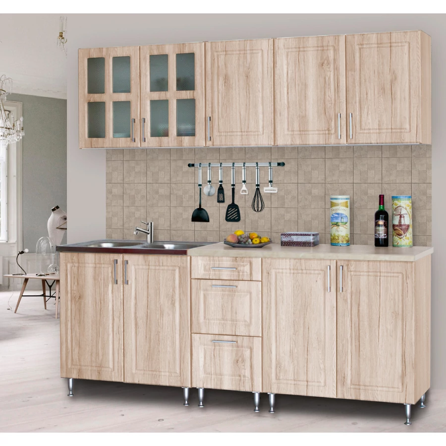 ORSI 200 cm konyhabútor 2M.Mosogató / Sonoma + Carrara Bézs márvány munkalap