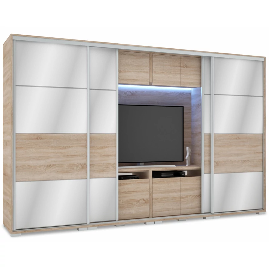 MIRROR 318 cm tükrös TV-s gardrób - Sonoma Tölgy / Magasfényű Sonoma Tölgy