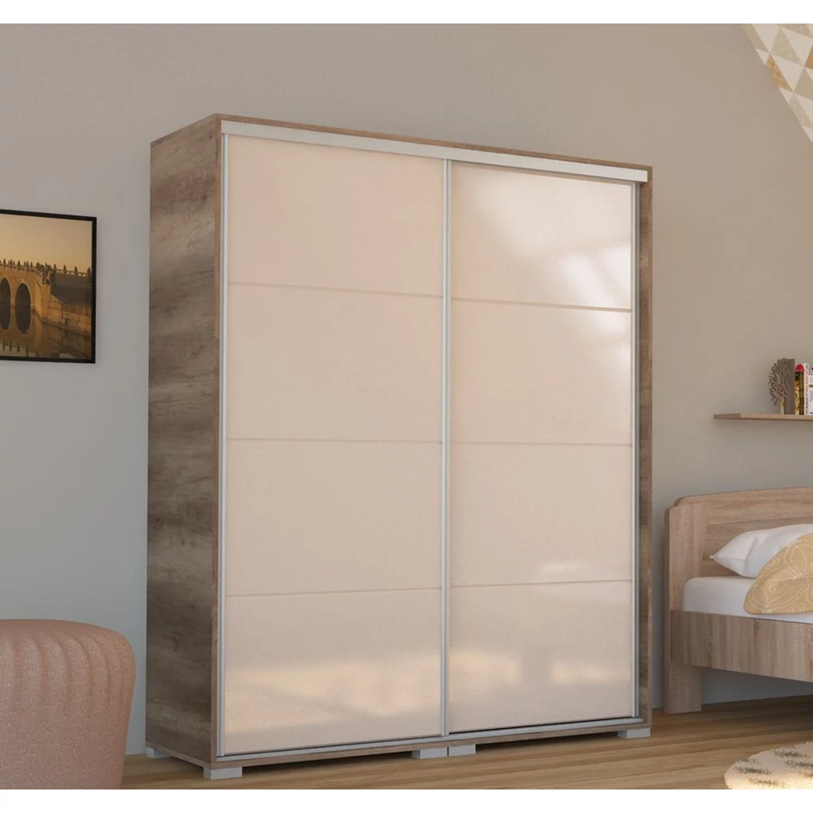 BOND 160 cm magasfényű gardrób - Canyon Tölgy / Magasfényű Beige üveg