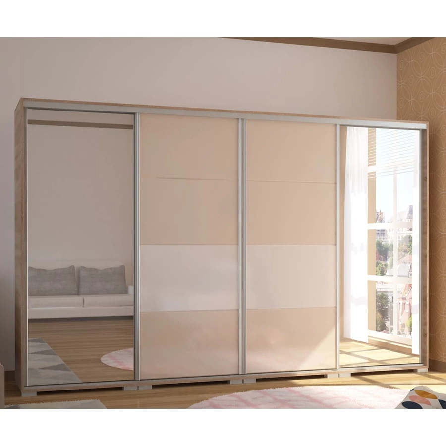 BOND 318 cm magasfényű gardrób 2 TÜKÖRREL - Sonoma Tölgy / Magasfényű Beige üveg / Magasfényű Fehér üveg