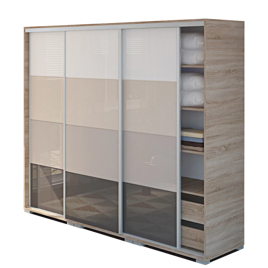 BOND 3MF 239 cm TV-s gardrób - Sonoma Tölgy / Magasfényű Fehér - Beige - Latte - Antracit üveg
