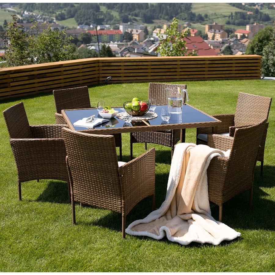 GARDEN 7 részes kerti garnitúra, rattanszett - Méz / Krém szövet