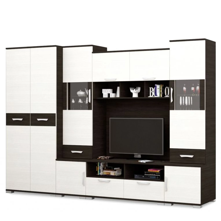 BASEL nappali szekrénysor 310 cm LED világítással - Nero / Bianco