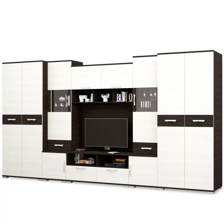BASEL nappali szekrénysor 400 cm LED világítással - Nero / Bianco