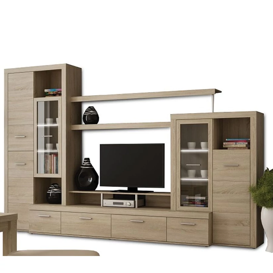 ATLANTIS NEW nappali szekrénysor 312 cm LED világítással - Sonoma Tölgy