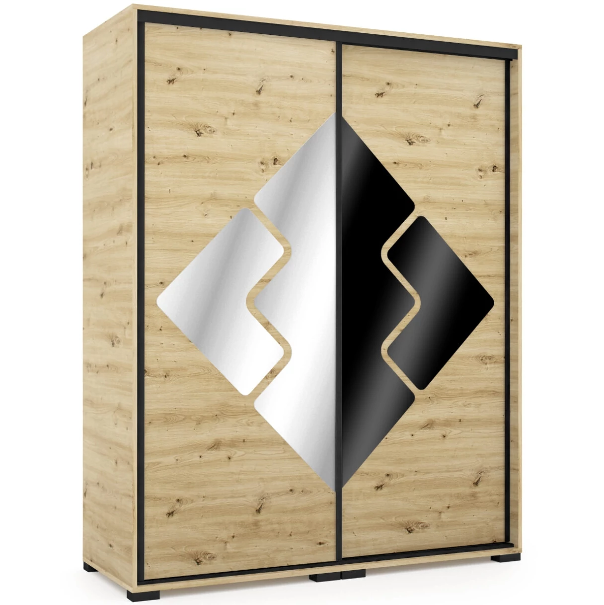 DOVER 160 cm tolóajtós gardrób - Artisan Tölgy / Tükör-MF.Fekete / Fekete profil