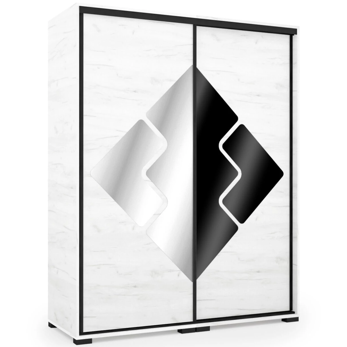 DOVER 160 cm tolóajtós gardrób - Fehér Tölgy / Tükör-MF.Fekete / Fekete profil