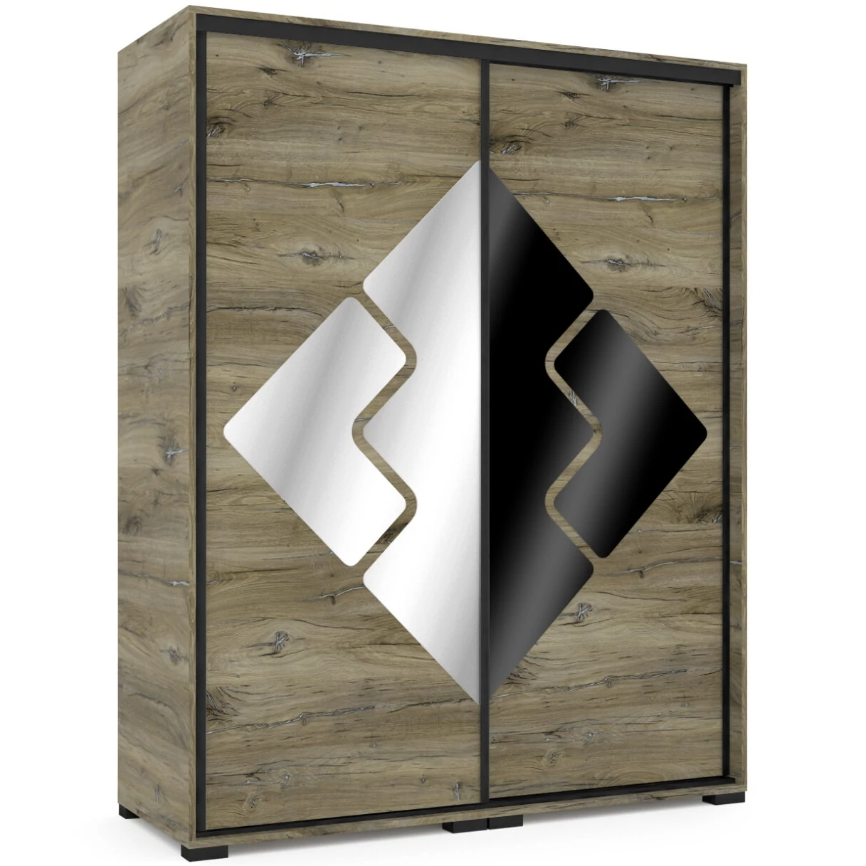 DOVER 160 cm tolóajtós gardrób - Sötét Justus Tölgy / Tükör-MF.Fekete / Fekete profil