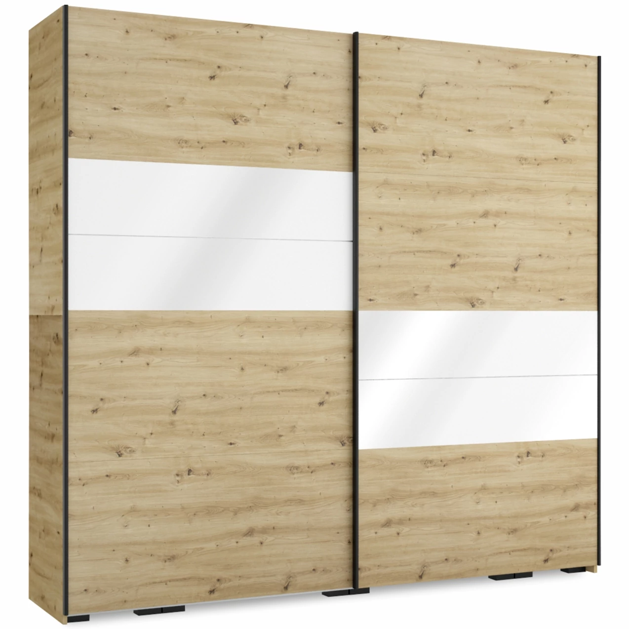 FŐNIX 254 cm magasfényű gardrób - Artisan Tölgy / MF.Fehér / Fekete profil