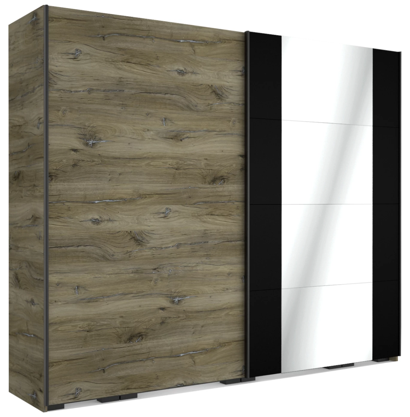 MALIBU 254 cm tolóajtós gardrób 1 TÜKÖRREL - Sötét Justus Tölgy / Matt Fekete / Fekete profil 