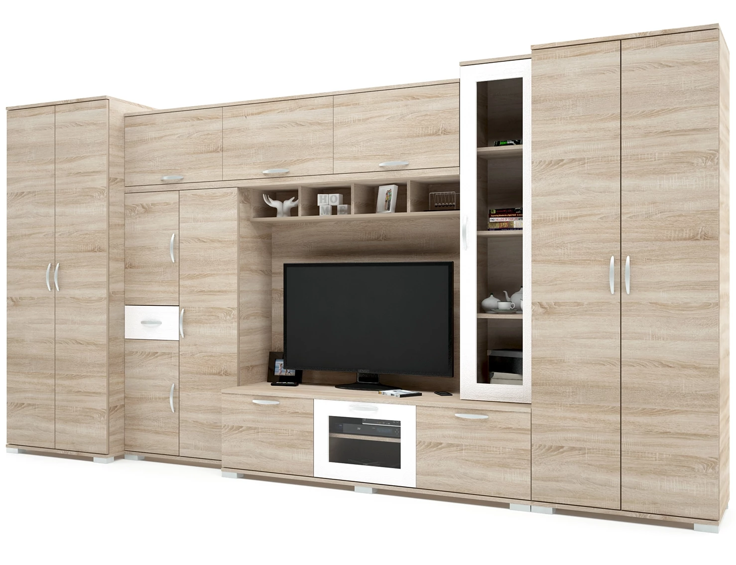 ANDORRA nappali szekrénysor 410 cm - Sonoma Tölgy / Rusztik Fehér (Erezett Fehér)