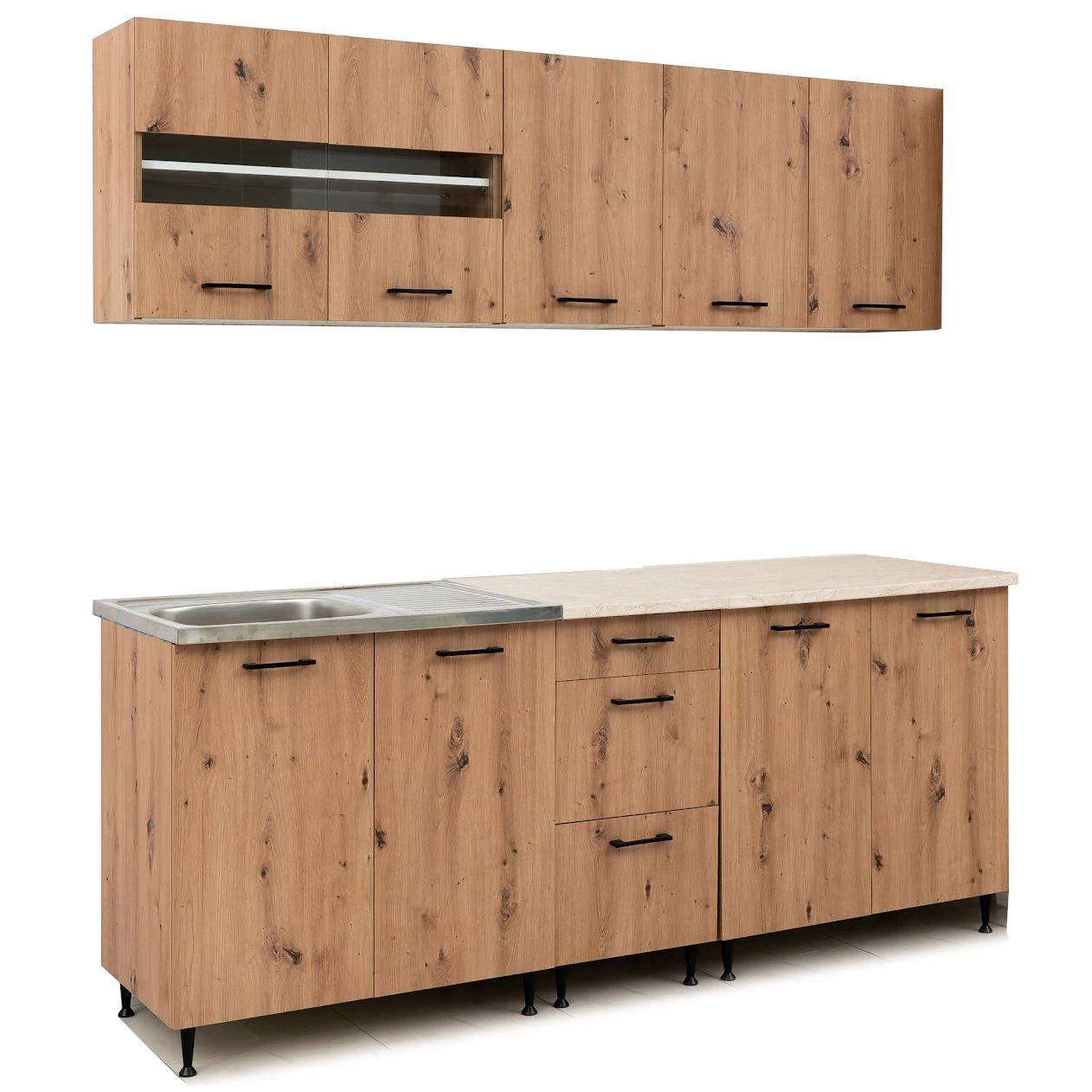 ANIKÓ 200 cm konyhabútor 2M.Mosogató / Artisan + Carrara Bézs márvány munkalap / Fekete fogó