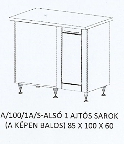 ALÍZ A/100/1A/S-ALSÓ 1 ajtós sarok munkalapos elem BALOS