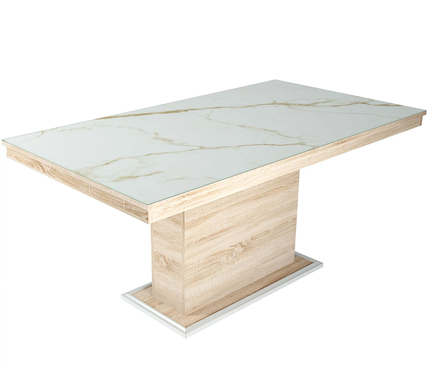 FLÓRA PLUSZ asztal 160(+40)cm - Sonoma Tölgy / Magasfényű Beige márvány minta