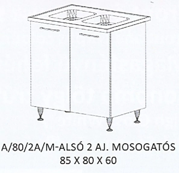 DORINA A/80/2A/M-ALSÓ 2 ajtós munkalapos mosogatós elem-2 medencés Ttálas mosogatóval