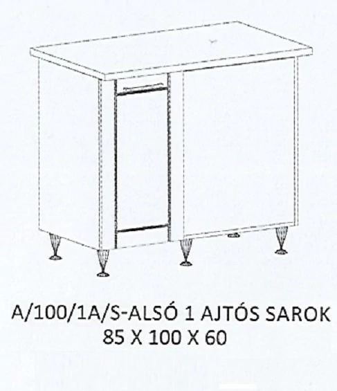ALÍZ A/100/1A/S-ALSÓ 1 ajtós sarok munkalapos elem JOBBOS