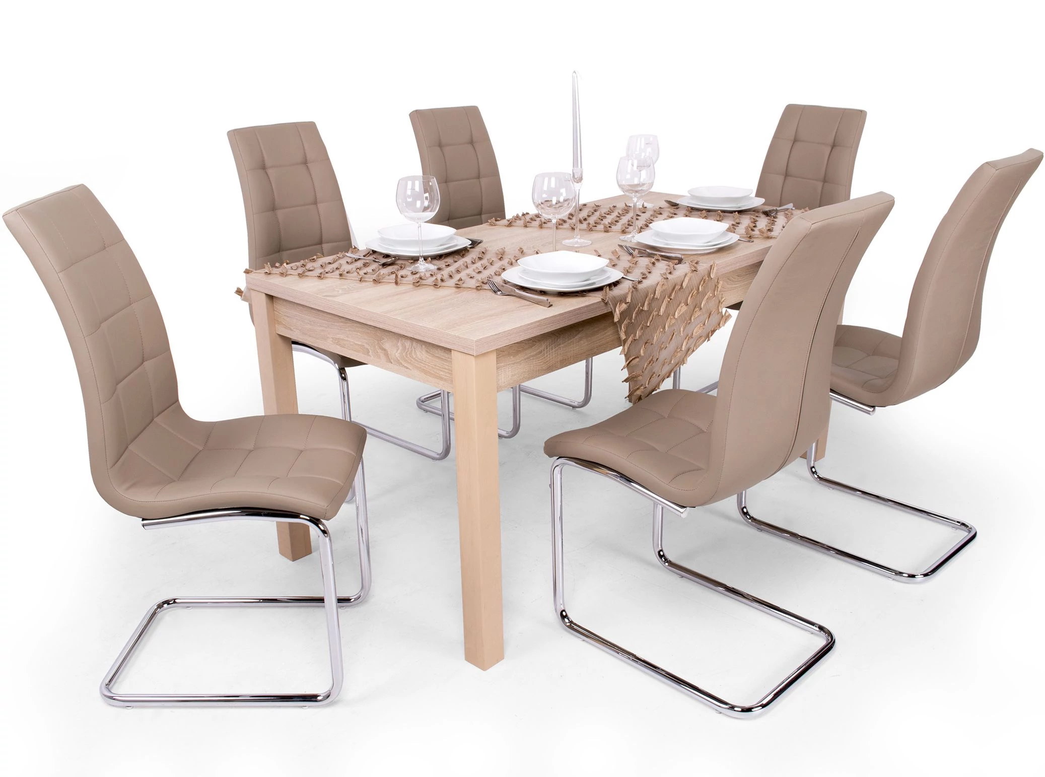 BERTA étkezőgarnitúra 6+1 - Sonoma Tölgy / Sötét Beige (BERTA 160 étkezőasztal + EMMA étkezőszék)