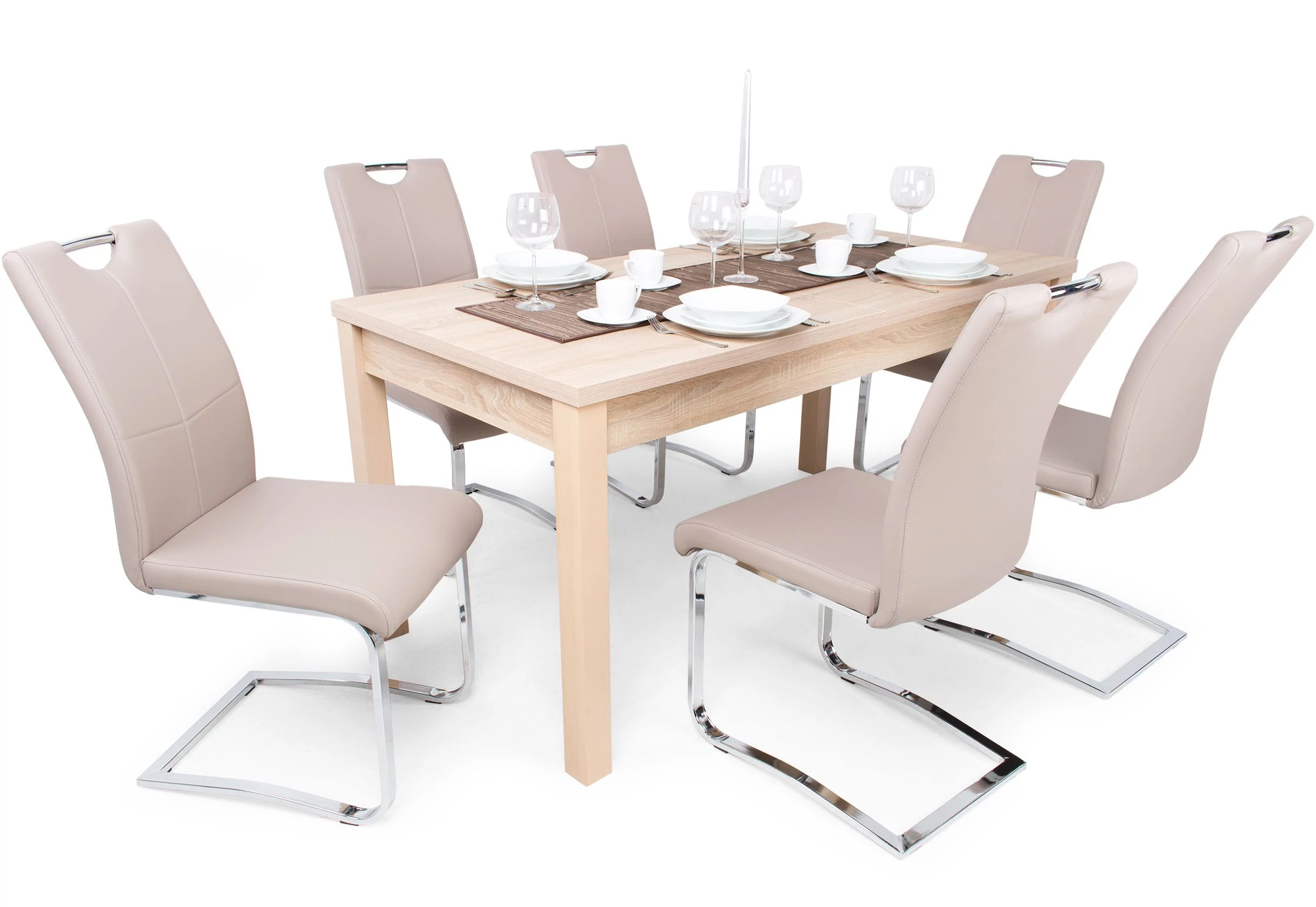 BERTA étkezőgarnitúra 6+1 - Sonoma Tölgy / Beige (BERTA 160 étkezőasztal + MONA étkezőszék)