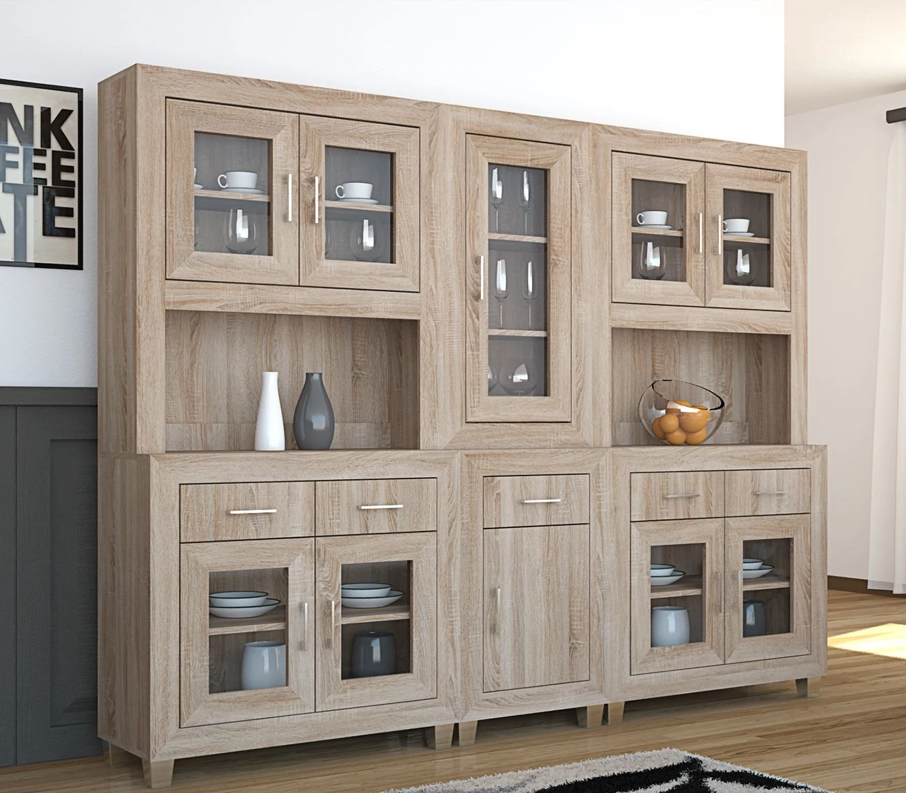 DANY 248 cm tálaló / vitrines szekrénysor összeállítás - Sonoma Tölgy (6 elem)