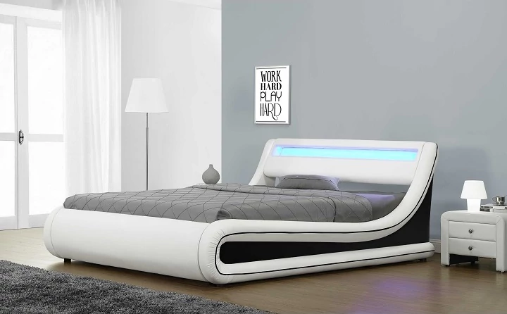 MANILA NEW ágykeret 160x200-as ÁGYNEMŰTARTÓS, FEHÉR - FEKETE textilbőr LED világítással