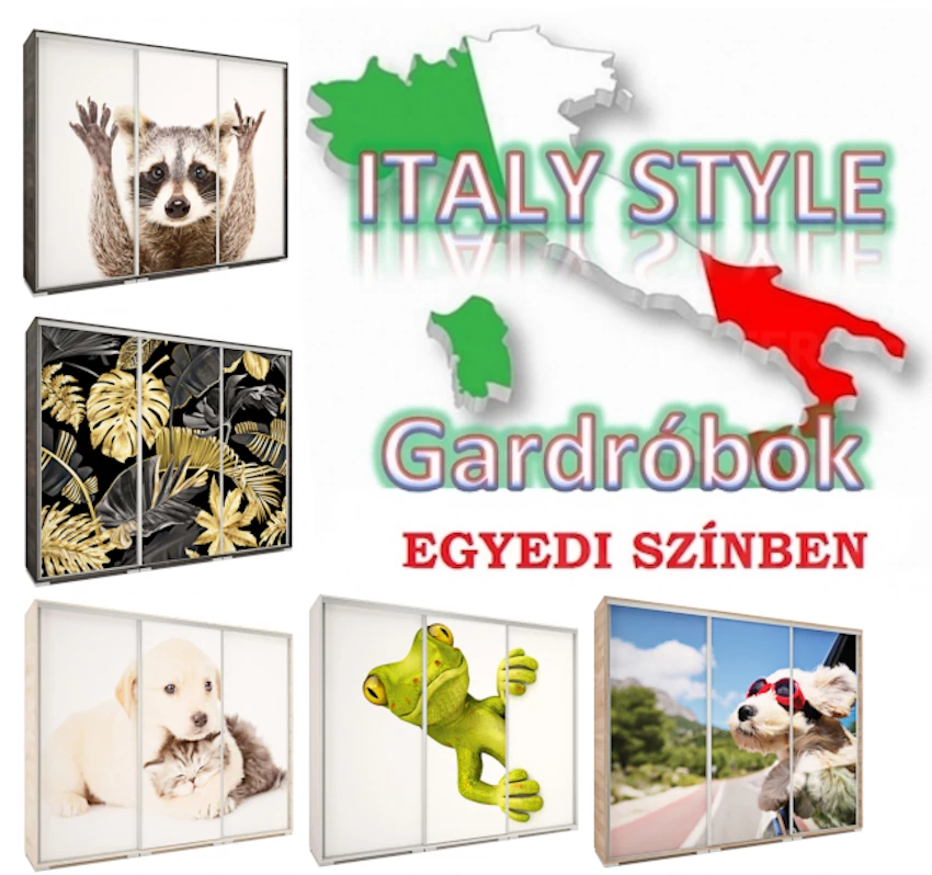 ITALY STYLE 239 cm tolóajtós gardrób - VÁLASZTHATÓ SZÍNEKBEN