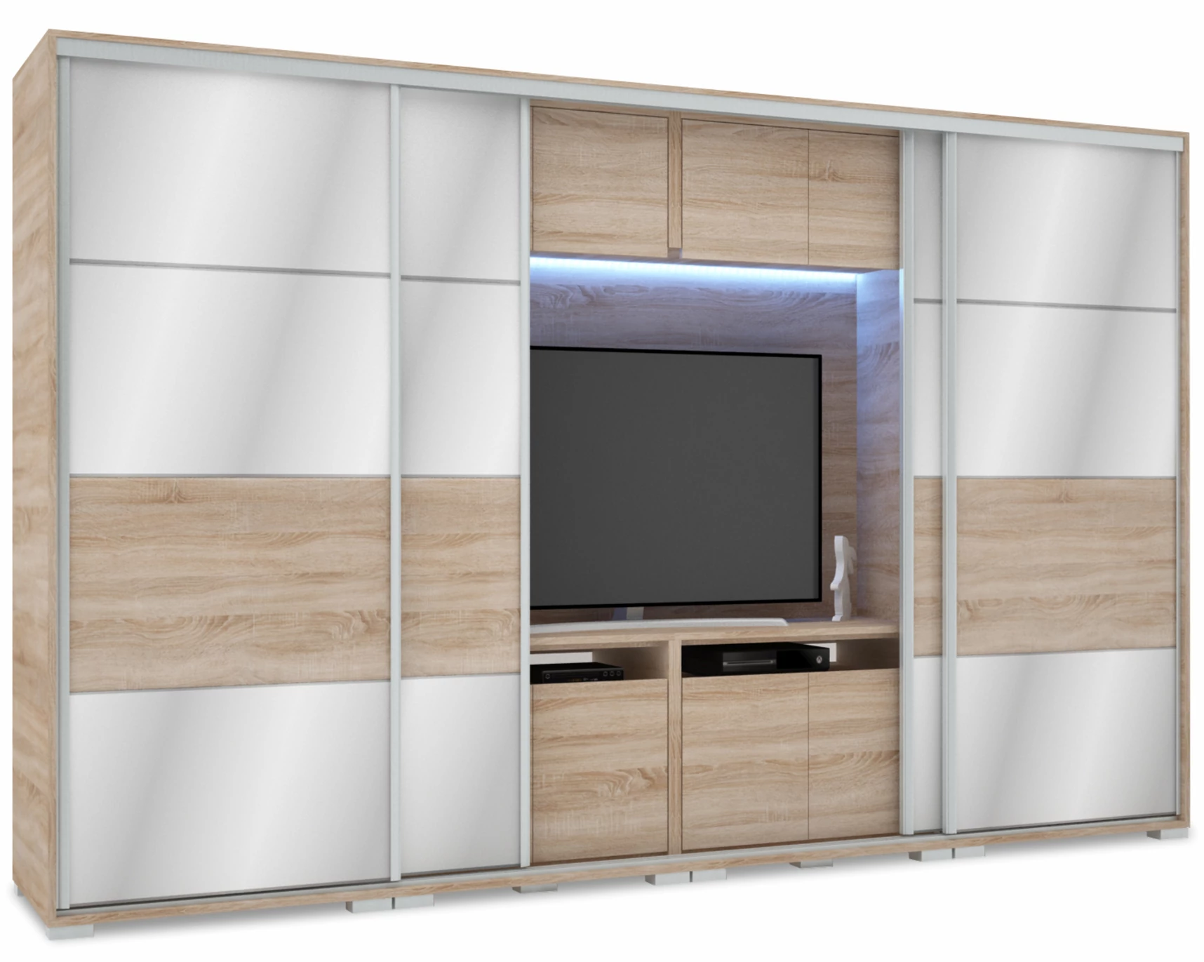 MIRROR 318 cm tükrös TV-s gardrób - Sonoma Tölgy / Magasfényű Sonoma Tölgy