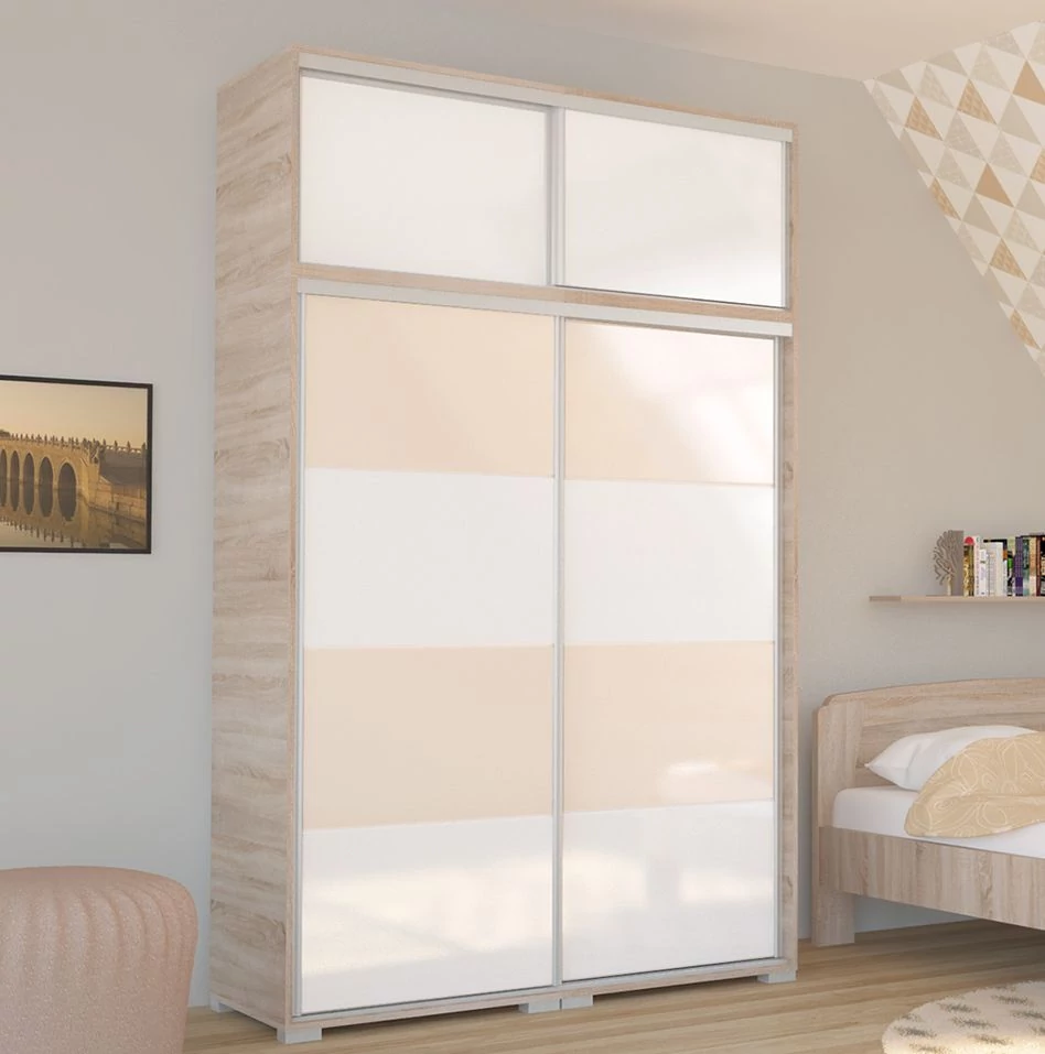 BOND 120 cm magasfényű gardrób - Sonoma Tölgy / Magasfényű Fehér üveg / Magasfényű Beige üveg, MAGASÍTÓVAL