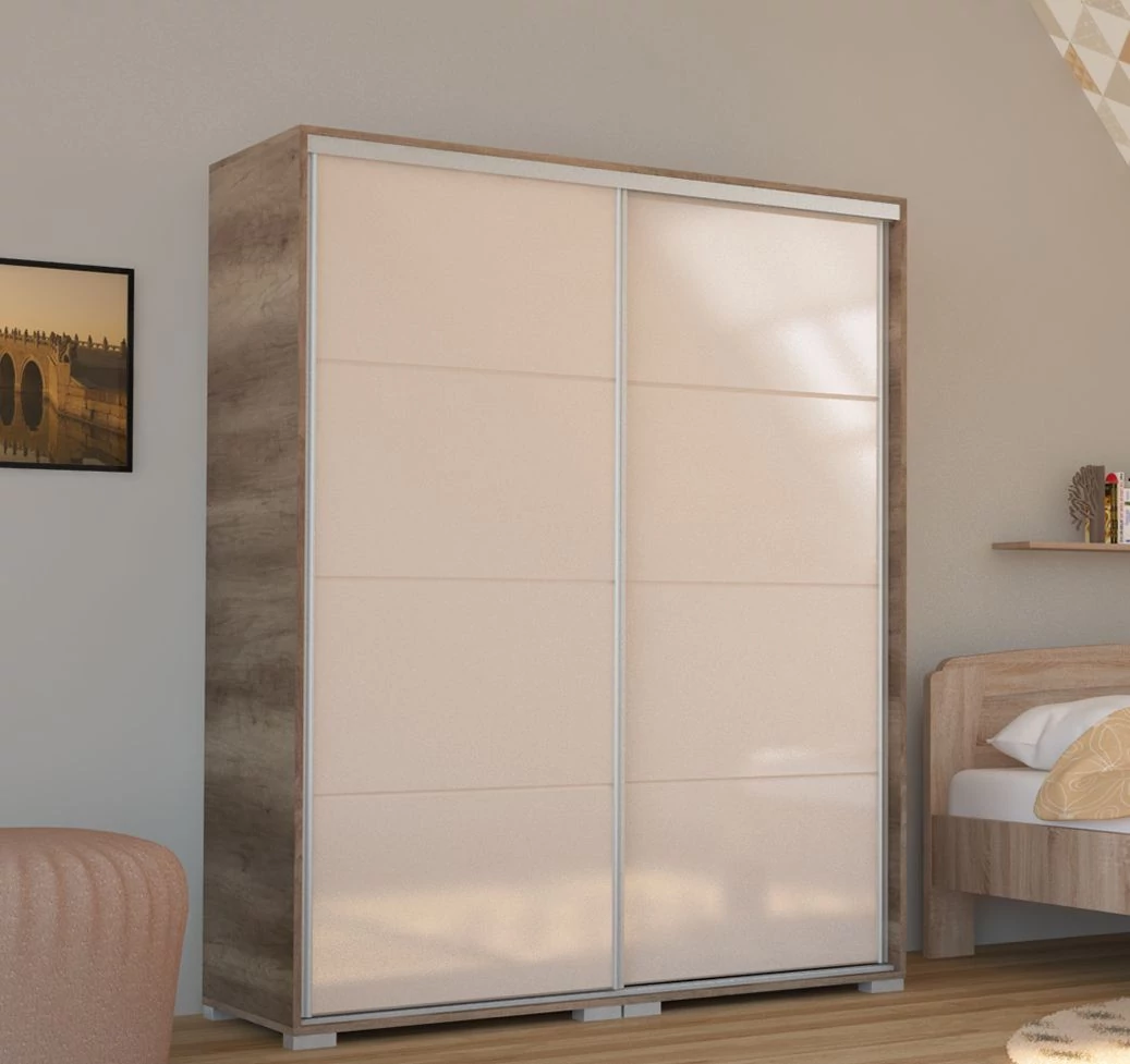BOND 160 cm magasfényű gardrób - Canyon Tölgy / Magasfényű Beige üveg