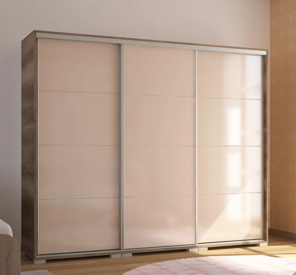 BOND 239 cm magasfényű gardrób - Canyon Tölgy / Magasfényű Beige üveg
