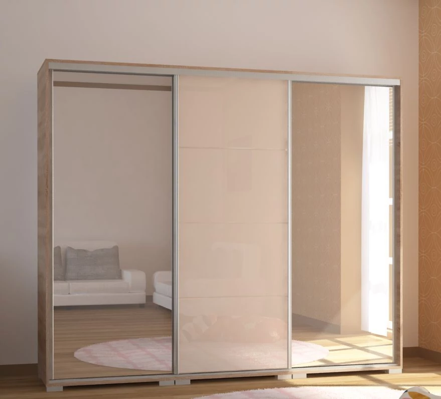 BOND 239 cm magasfényű gardrób 2 TÜKÖRREL - Sonoma Tölgy / Magasfényű Beige üveg