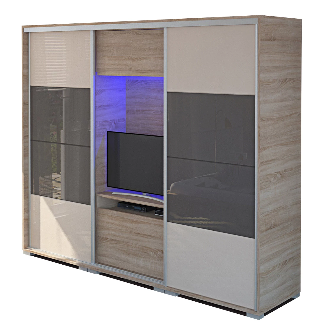 BOND 3MF 239 cm TV-s gardrób - Sonoma Tölgy / Magasfényű Beige üveg / Magasfényű Antracit üveg